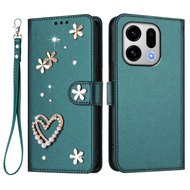 For OPPO Find X9 ZS01 Double-Layer Heart Floral Vegan Leather Phone Case with Wrist Strap
