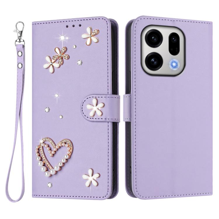 For OPPO Find X9 ZS01 Double-Layer Heart Floral Vegan Leather Phone Case with Wrist Strap