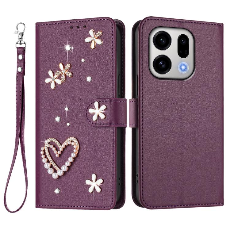 For OPPO Find X9 ZS01 Double-Layer Heart Floral Vegan Leather Phone Case with Wrist Strap
