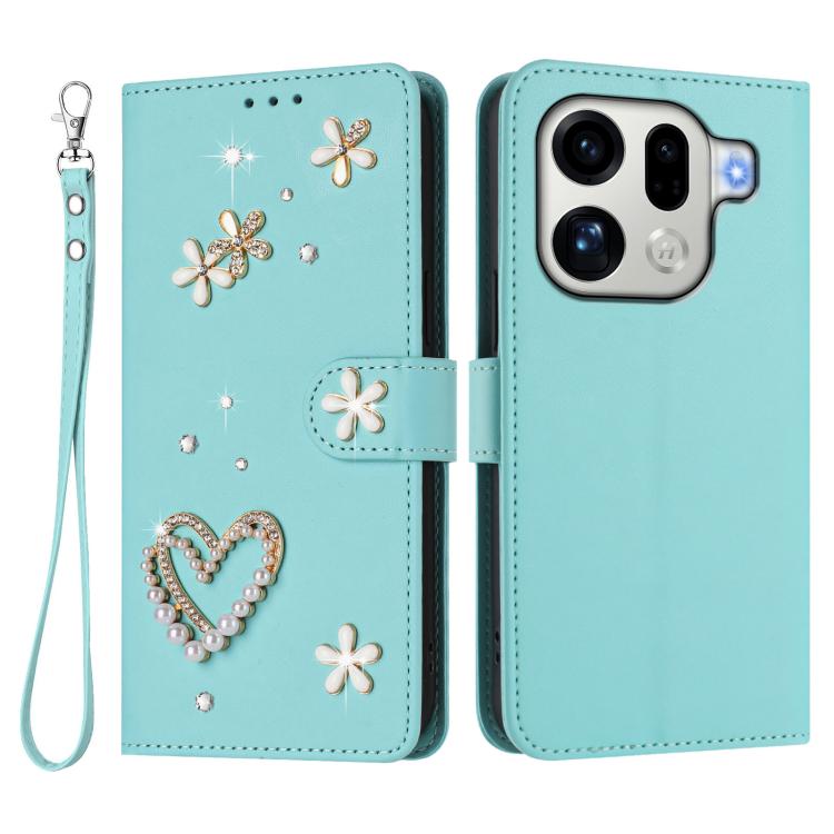 For OPPO Find X9 Pro ZS01 Double-Layer Heart Floral Vegan Leather Phone Case with Wrist Strap
