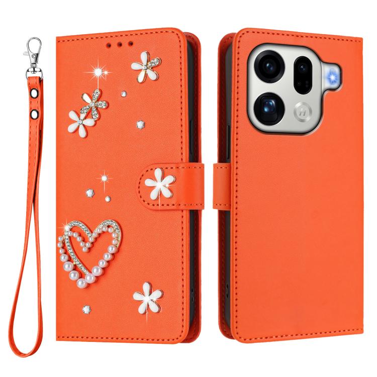 For OPPO Find X9 Pro ZS01 Double-Layer Heart Floral Vegan Leather Phone Case with Wrist Strap