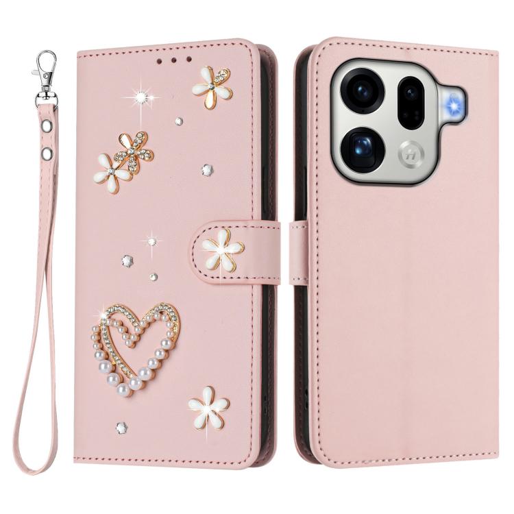 For OPPO Find X9 Pro ZS01 Double-Layer Heart Floral Vegan Leather Phone Case with Wrist Strap
