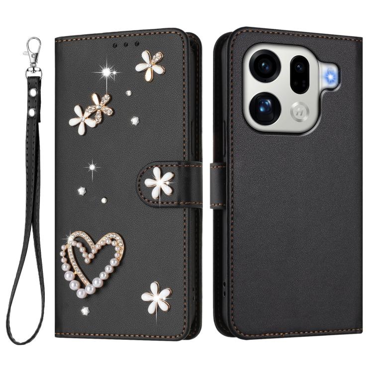 For OPPO Find X9 Pro ZS01 Double-Layer Heart Floral Vegan Leather Phone Case with Wrist Strap