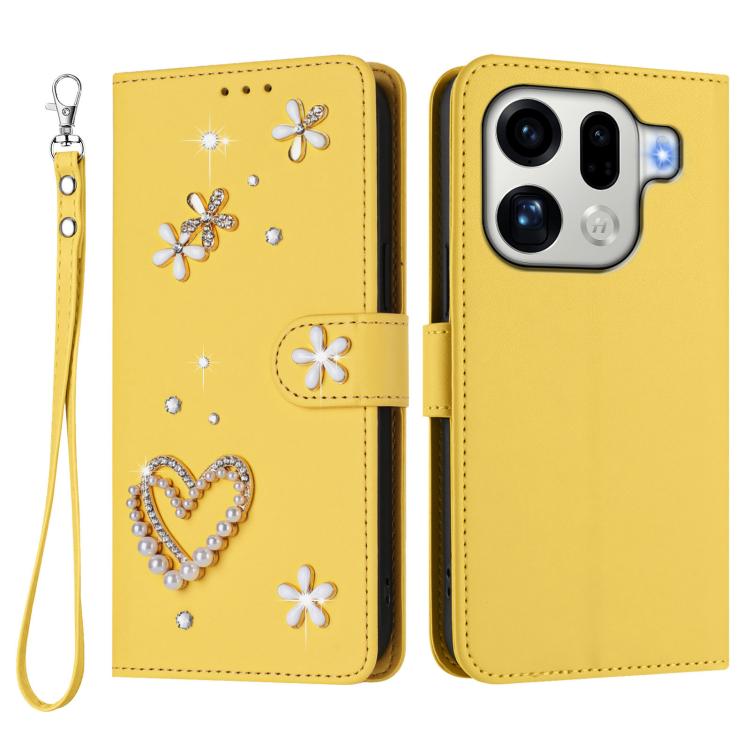 For OPPO Find X9 Pro ZS01 Double-Layer Heart Floral Vegan Leather Phone Case with Wrist Strap