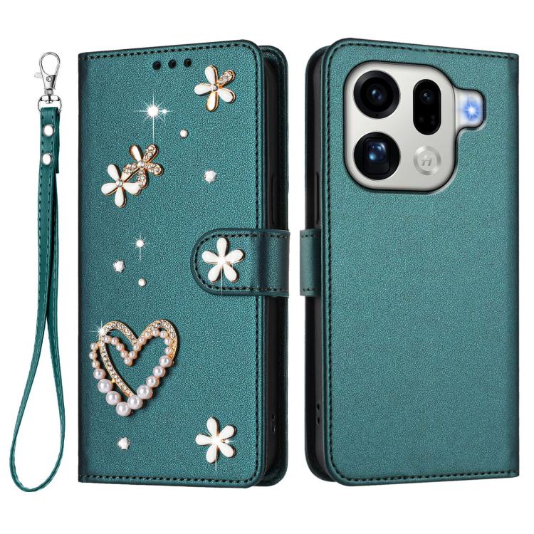 For OPPO Find X9 Pro ZS01 Double-Layer Heart Floral Vegan Leather Phone Case with Wrist Strap