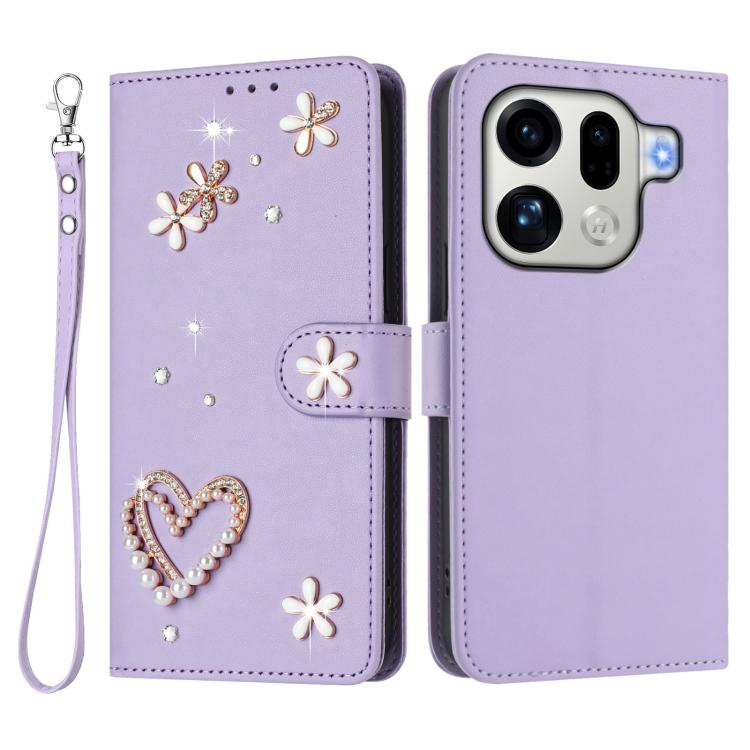For OPPO Find X9 Pro ZS01 Double-Layer Heart Floral Vegan Leather Phone Case with Wrist Strap