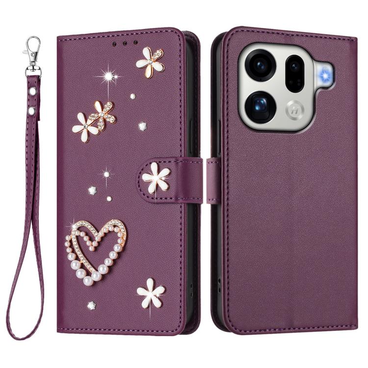 For OPPO Find X9 Pro ZS01 Double-Layer Heart Floral Vegan Leather Phone Case with Wrist Strap