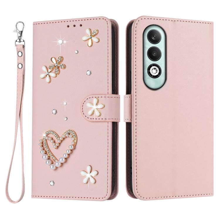 For OPPO K12x 5G Global ZS01 Double-Layer Heart Floral Vegan Leather Phone Case with Wrist Strap
