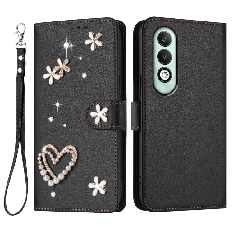 For OPPO K12x 5G Global ZS01 Double-Layer Heart Floral Vegan Leather Phone Case with Wrist Strap