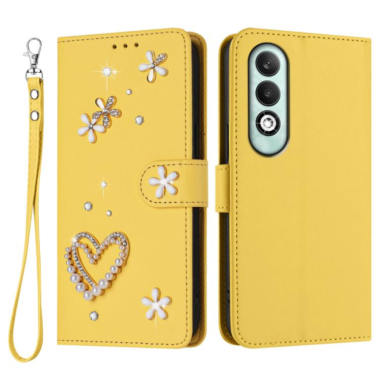 For OPPO K12x 5G Global ZS01 Double-Layer Heart Floral Vegan Leather Phone Case with Wrist Strap
