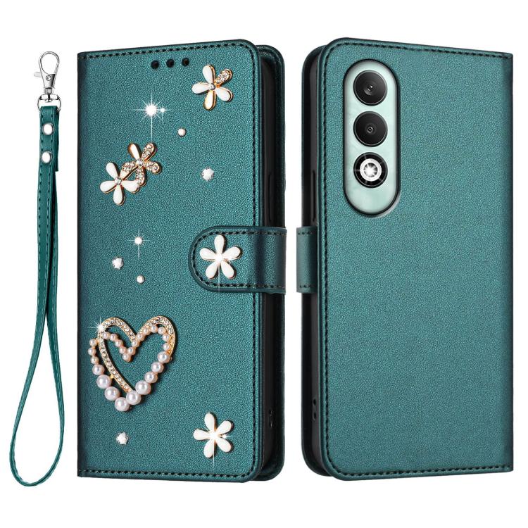 For OPPO K12x 5G Global ZS01 Double-Layer Heart Floral Vegan Leather Phone Case with Wrist Strap