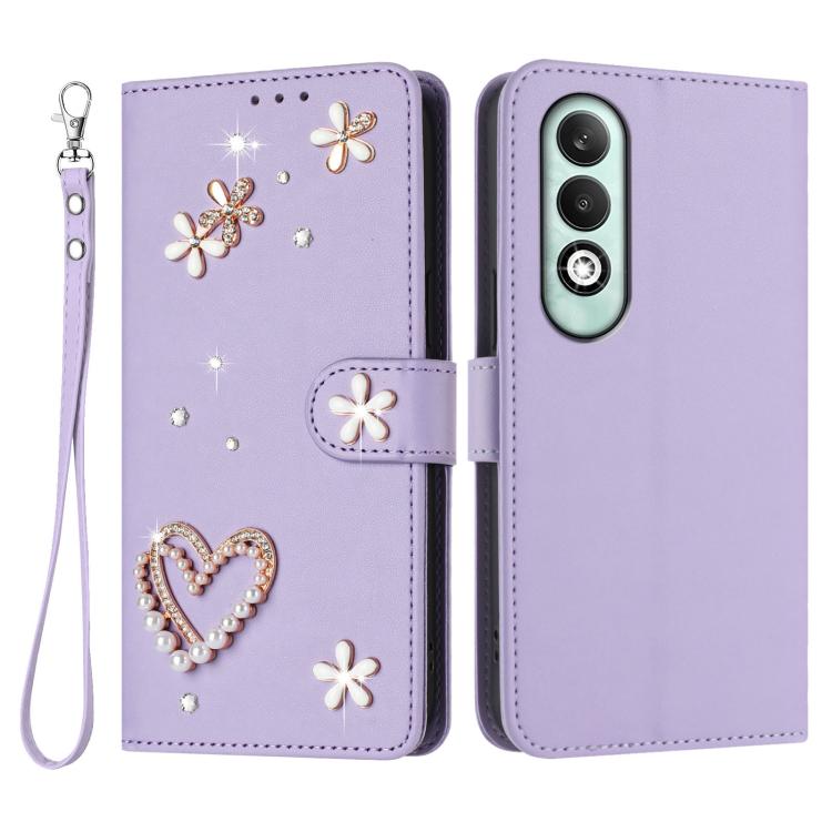 For OPPO K12x 5G Global ZS01 Double-Layer Heart Floral Vegan Leather Phone Case with Wrist Strap