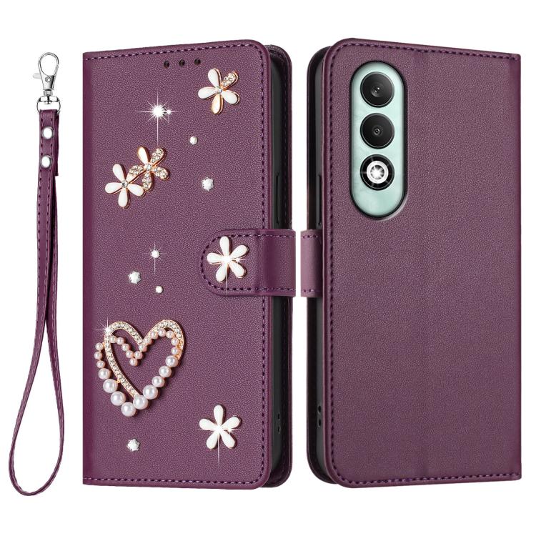 For OPPO K12x 5G Global ZS01 Double-Layer Heart Floral Vegan Leather Phone Case with Wrist Strap