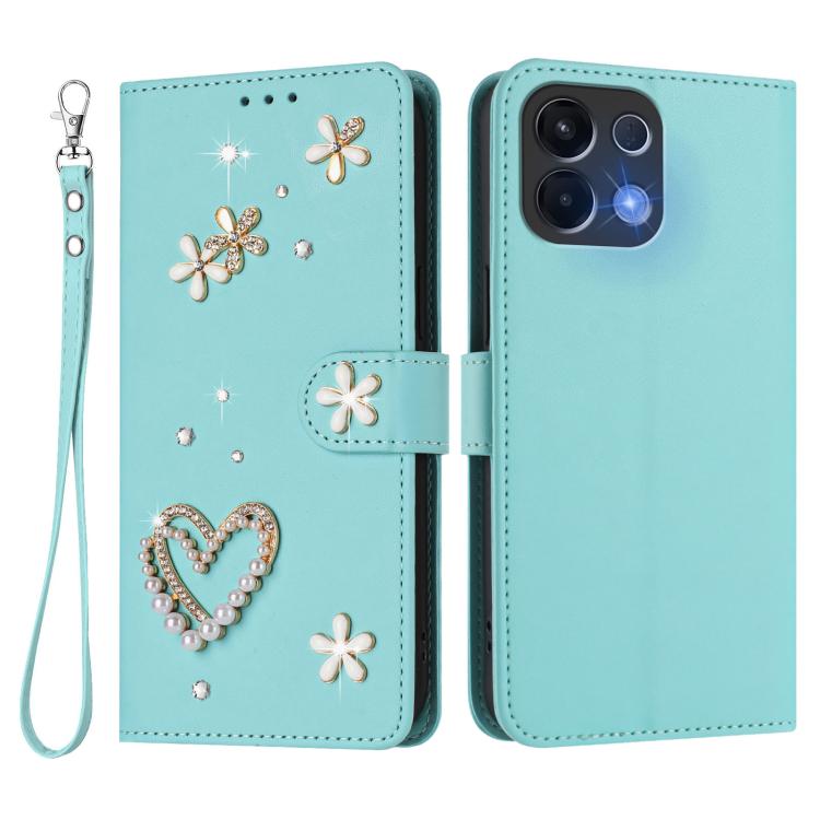 For OPPO K13 5G India ZS01 Double-Layer Heart Floral Vegan Leather Phone Case with Wrist Strap