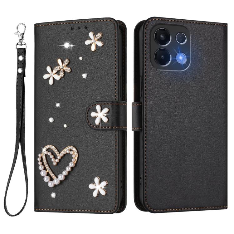 For OPPO K13 5G India ZS01 Double-Layer Heart Floral Vegan Leather Phone Case with Wrist Strap