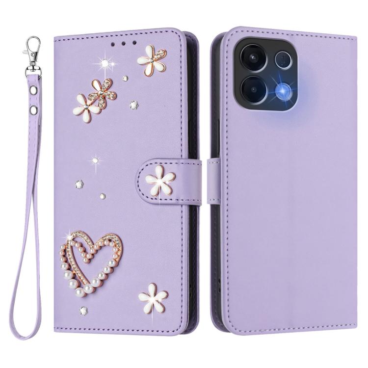 For OPPO K13 5G India ZS01 Double-Layer Heart Floral Vegan Leather Phone Case with Wrist Strap
