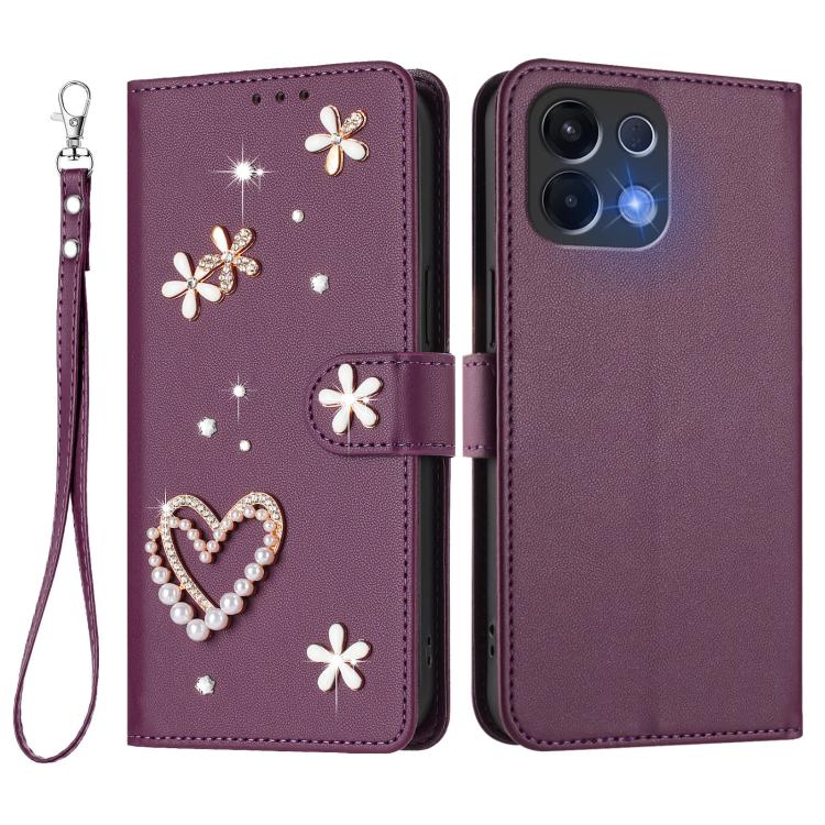 For OPPO K13 5G India ZS01 Double-Layer Heart Floral Vegan Leather Phone Case with Wrist Strap