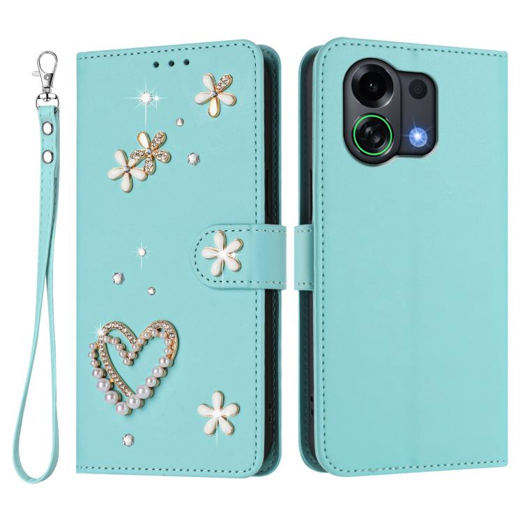For OPPO K13 Turbo 5G ZS01 Double-Layer Heart Floral Vegan Leather Phone Case with Wrist Strap