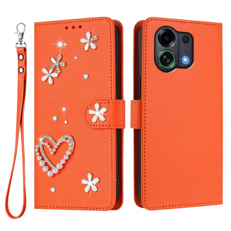 For OPPO K13 Turbo 5G ZS01 Double-Layer Heart Floral Vegan Leather Phone Case with Wrist Strap