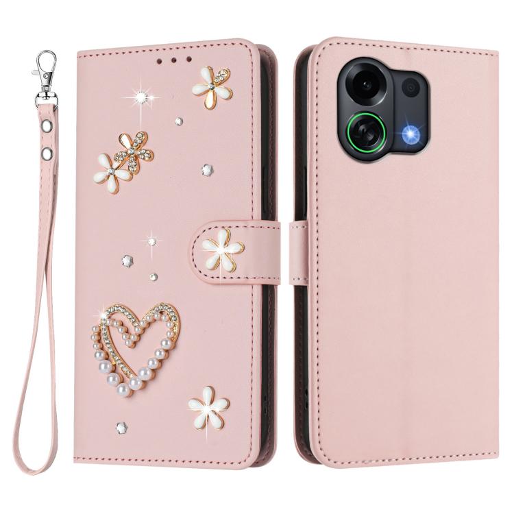 For OPPO K13 Turbo 5G ZS01 Double-Layer Heart Floral Vegan Leather Phone Case with Wrist Strap