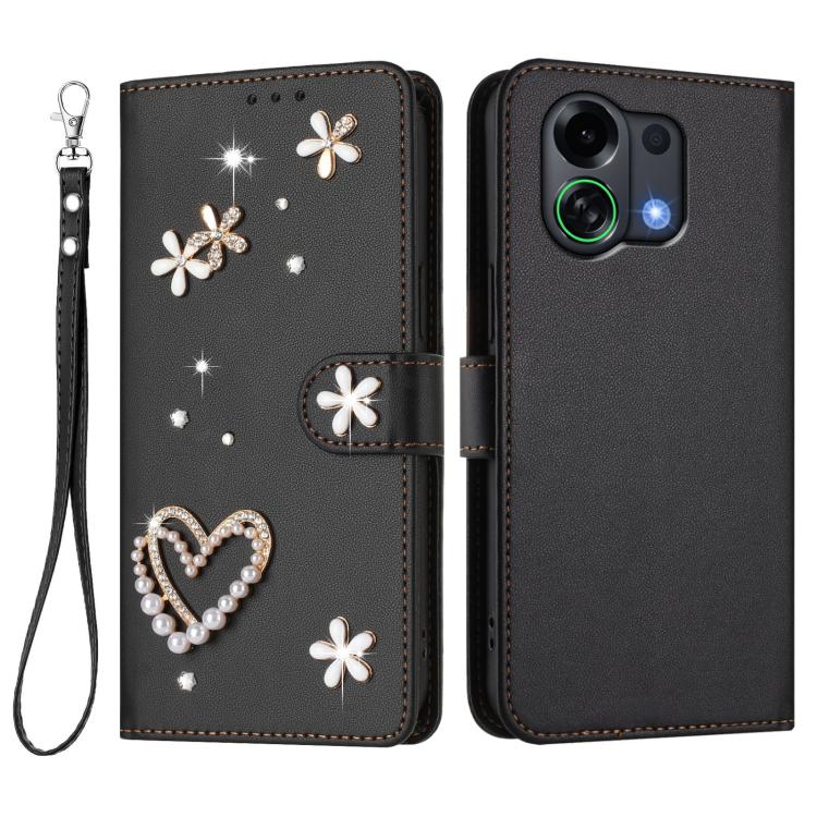 For OPPO K13 Turbo 5G ZS01 Double-Layer Heart Floral Vegan Leather Phone Case with Wrist Strap