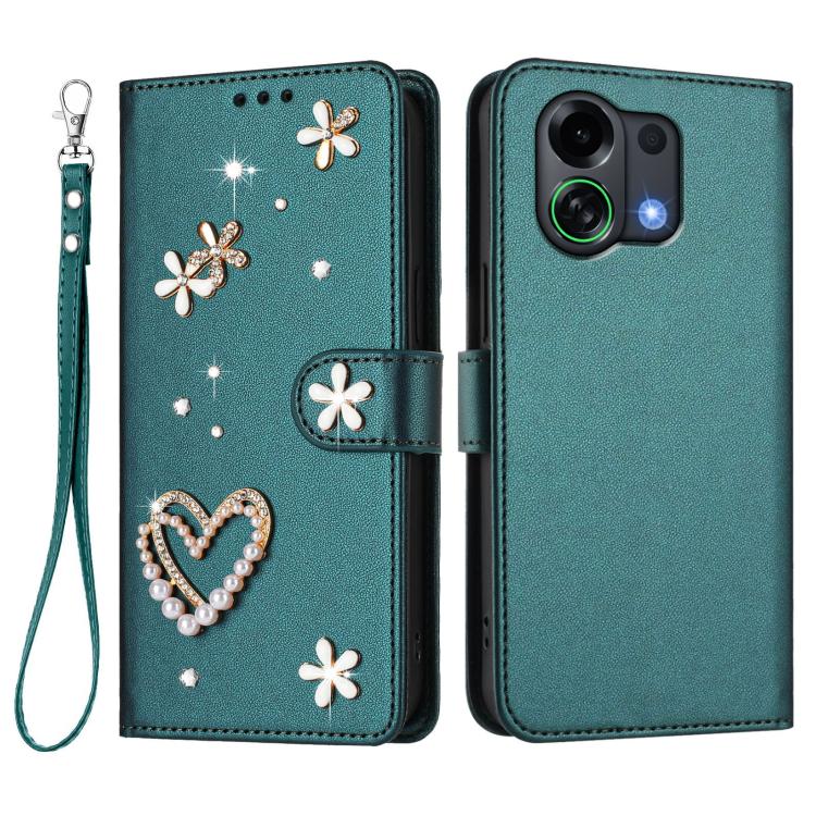 For OPPO K13 Turbo 5G ZS01 Double-Layer Heart Floral Vegan Leather Phone Case with Wrist Strap