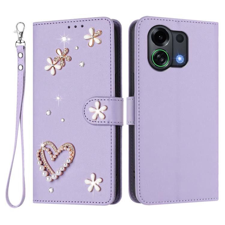 For OPPO K13 Turbo 5G ZS01 Double-Layer Heart Floral Vegan Leather Phone Case with Wrist Strap