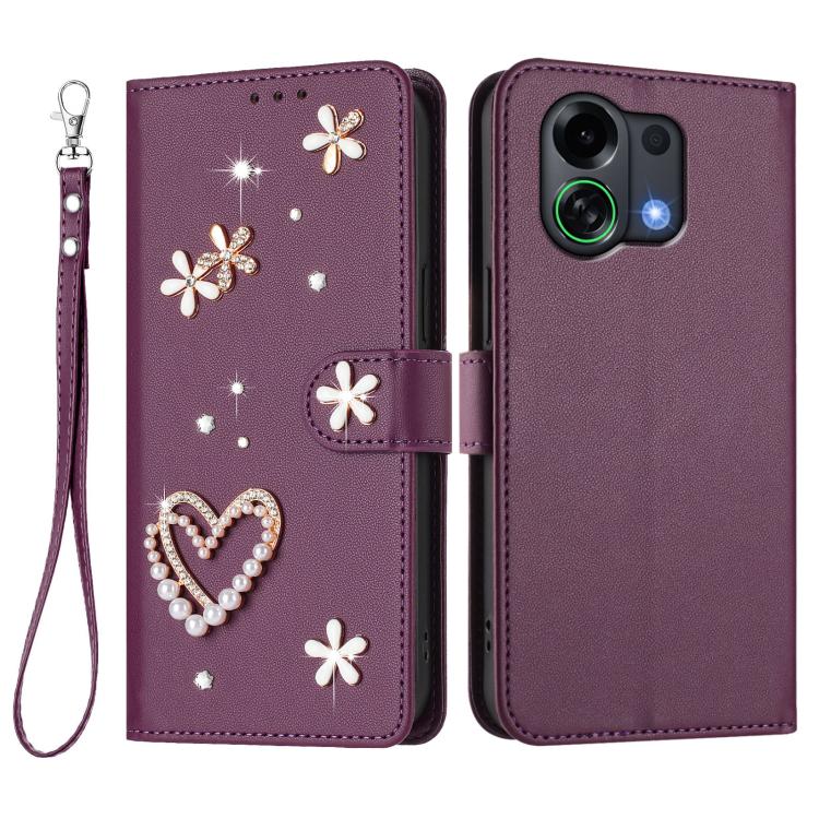 For OPPO K13 Turbo 5G ZS01 Double-Layer Heart Floral Vegan Leather Phone Case with Wrist Strap