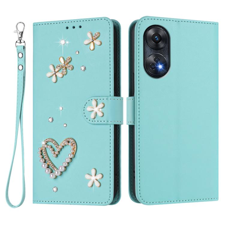 For OPPO Reno8 T 4G Global ZS01 Double-Layer Heart Floral Vegan Leather Phone Case with Wrist Strap