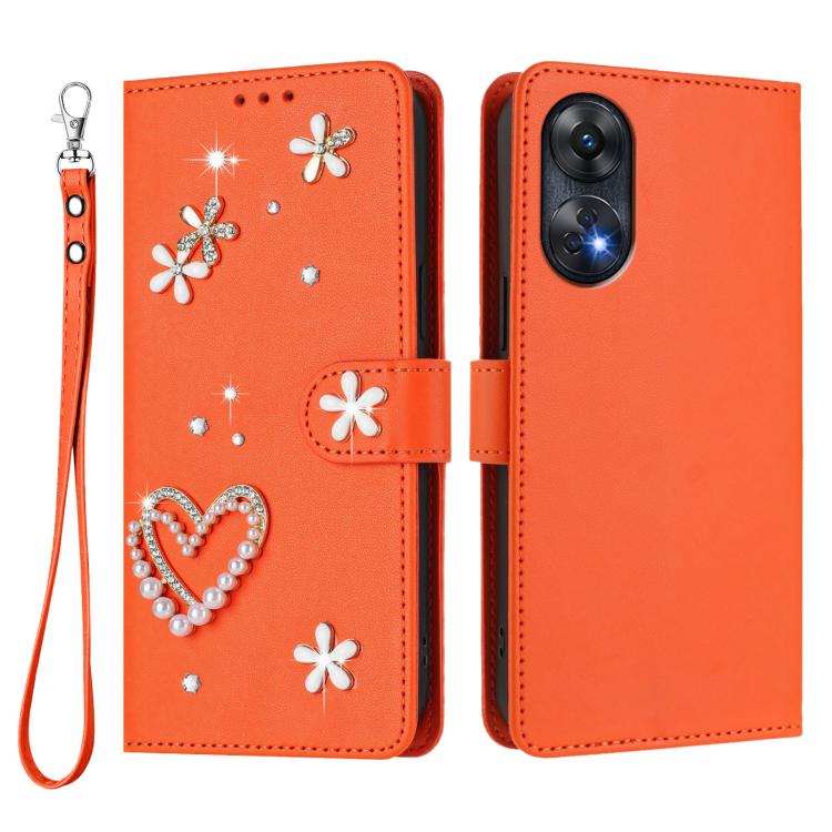 For OPPO Reno8 T 4G Global ZS01 Double-Layer Heart Floral Vegan Leather Phone Case with Wrist Strap