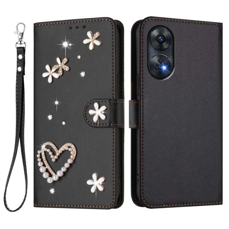 For OPPO Reno8 T 4G Global ZS01 Double-Layer Heart Floral Vegan Leather Phone Case with Wrist Strap