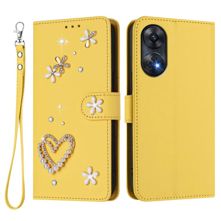For OPPO Reno8 T 4G Global ZS01 Double-Layer Heart Floral Vegan Leather Phone Case with Wrist Strap