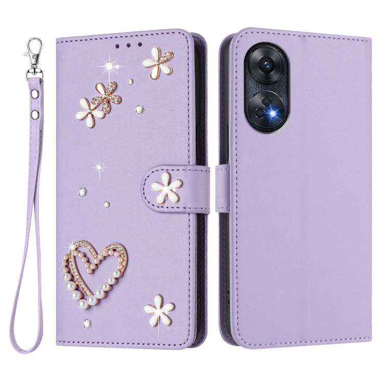 For OPPO Reno8 T 4G Global ZS01 Double-Layer Heart Floral Vegan Leather Phone Case with Wrist Strap