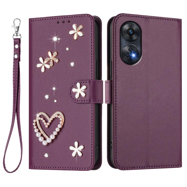 For OPPO Reno8 T 4G Global ZS01 Double-Layer Heart Floral Vegan Leather Phone Case with Wrist Strap