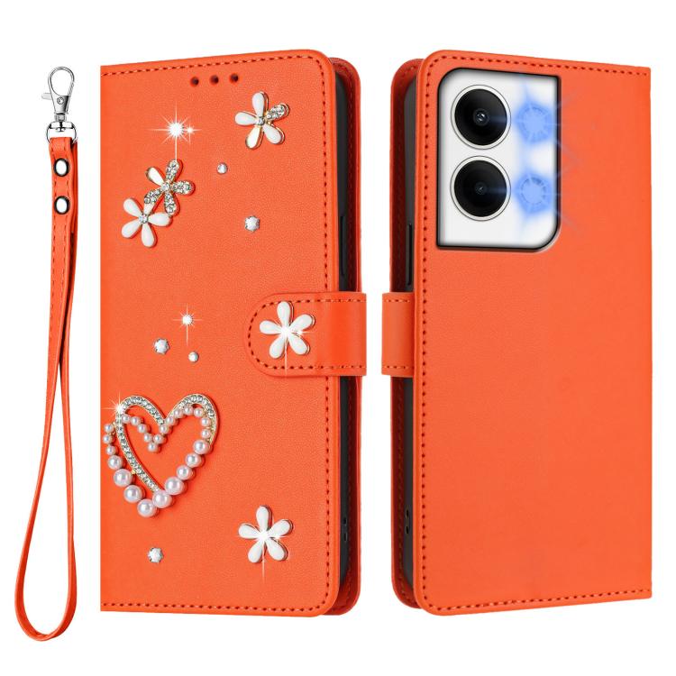 For OPPO Reno9 5G / Reno9 Pro 5G ZS01 Double-Layer Heart Floral Vegan Leather Phone Case with Wrist Strap