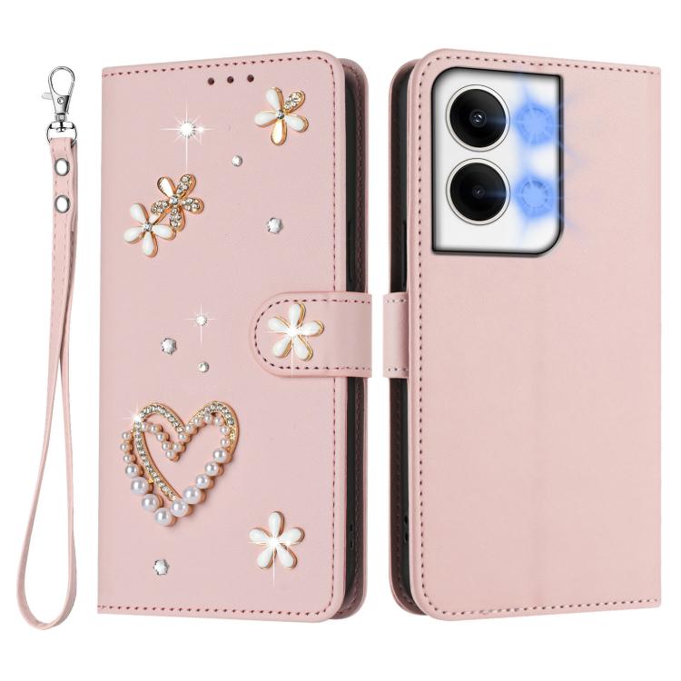 For OPPO Reno9 5G / Reno9 Pro 5G ZS01 Double-Layer Heart Floral Vegan Leather Phone Case with Wrist Strap