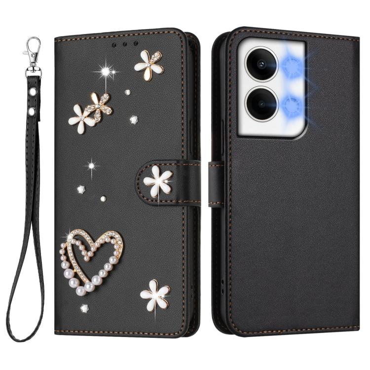 For OPPO Reno9 5G / Reno9 Pro 5G ZS01 Double-Layer Heart Floral Vegan Leather Phone Case with Wrist Strap