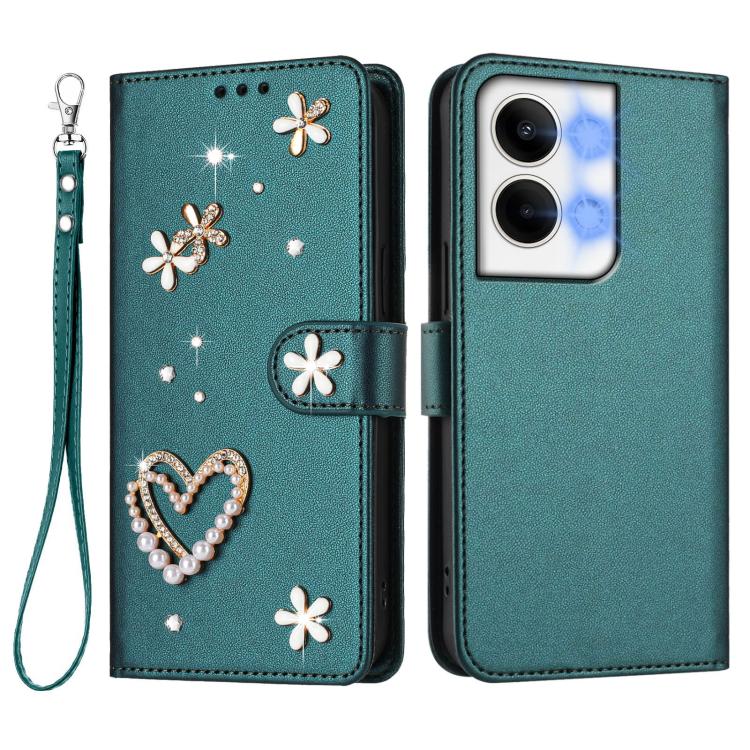 For OPPO Reno9 5G / Reno9 Pro 5G ZS01 Double-Layer Heart Floral Vegan Leather Phone Case with Wrist Strap