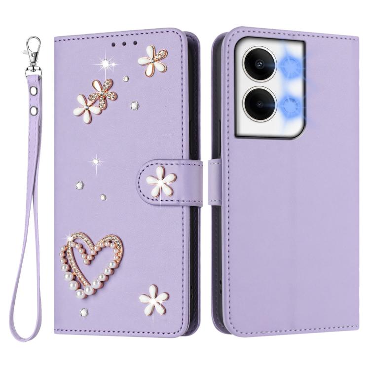 For OPPO Reno9 5G / Reno9 Pro 5G ZS01 Double-Layer Heart Floral Vegan Leather Phone Case with Wrist Strap