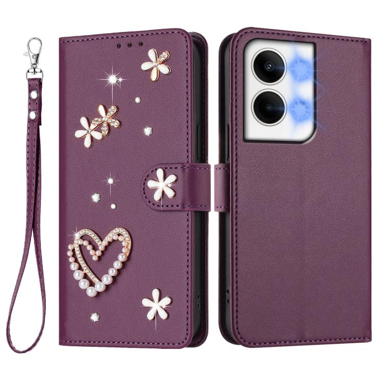 For OPPO Reno9 5G / Reno9 Pro 5G ZS01 Double-Layer Heart Floral Vegan Leather Phone Case with Wrist Strap