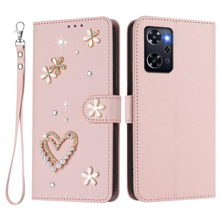 For OPPO Reno9 A ZS01 Double-Layer Heart Floral Vegan Leather Phone Case with Wrist Strap