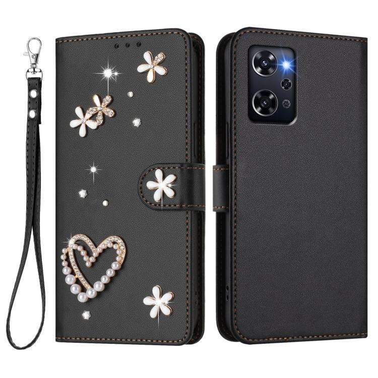 For OPPO Reno9 A ZS01 Double-Layer Heart Floral Vegan Leather Phone Case with Wrist Strap