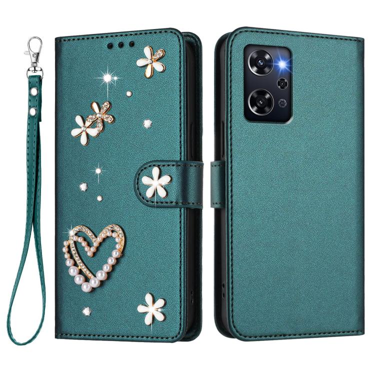 For OPPO Reno9 A ZS01 Double-Layer Heart Floral Vegan Leather Phone Case with Wrist Strap