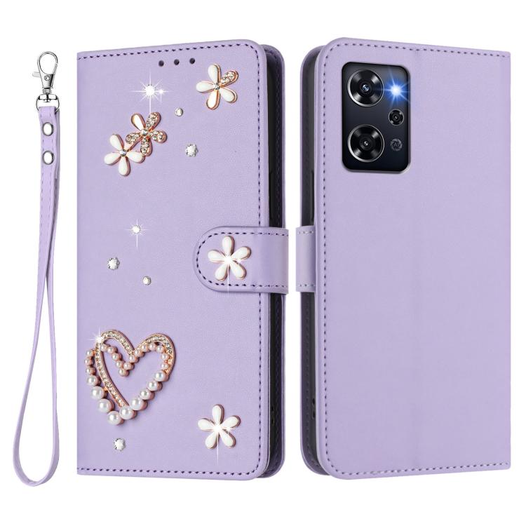 For OPPO Reno9 A ZS01 Double-Layer Heart Floral Vegan Leather Phone Case with Wrist Strap
