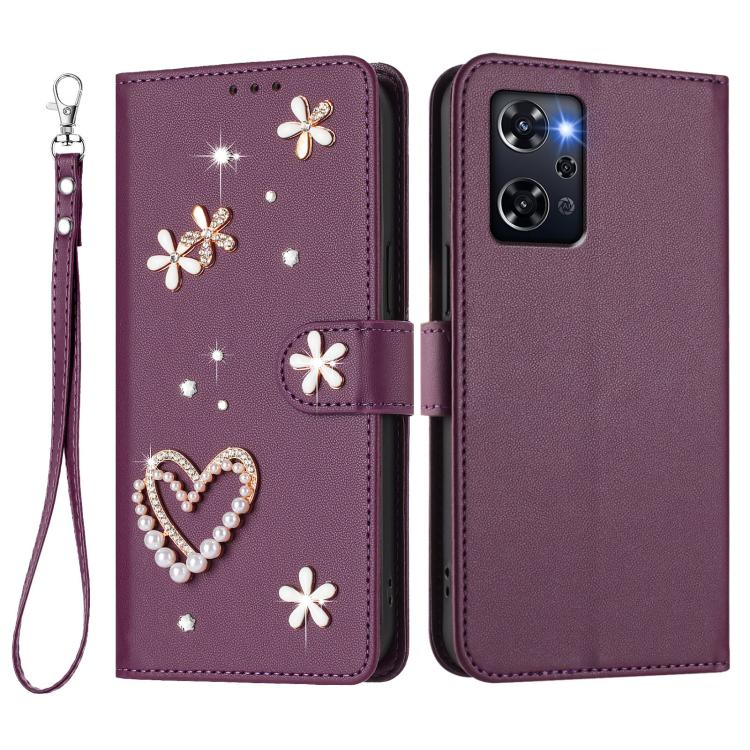 For OPPO Reno9 A ZS01 Double-Layer Heart Floral Vegan Leather Phone Case with Wrist Strap