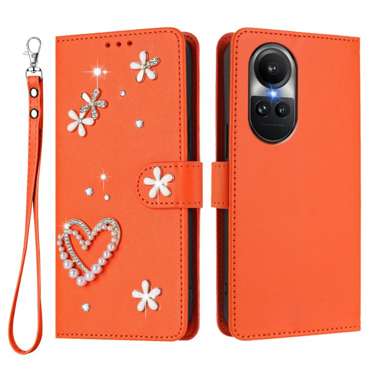 For OPPO Reno10 5G Global / Reno10 Pro Global ZS01 Double-Layer Heart Floral Vegan Leather Phone Case with Wrist Strap