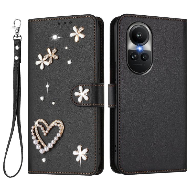 For OPPO Reno10 5G Global / Reno10 Pro Global ZS01 Double-Layer Heart Floral Vegan Leather Phone Case with Wrist Strap