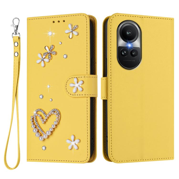 For OPPO Reno10 5G Global / Reno10 Pro Global ZS01 Double-Layer Heart Floral Vegan Leather Phone Case with Wrist Strap