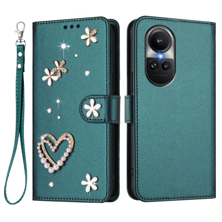 For OPPO Reno10 5G Global / Reno10 Pro Global ZS01 Double-Layer Heart Floral Vegan Leather Phone Case with Wrist Strap