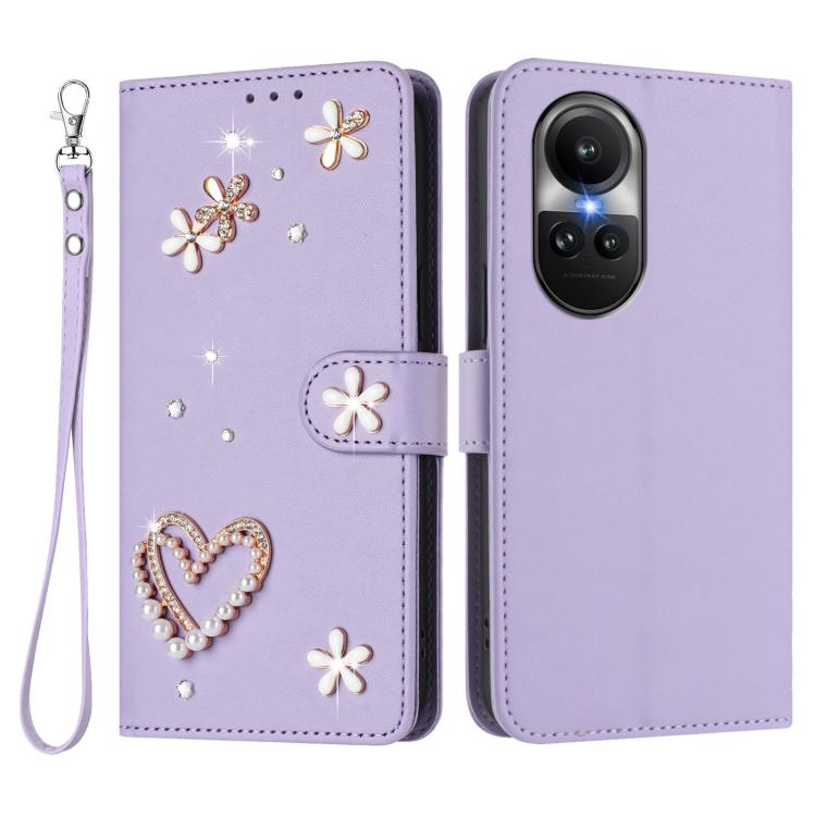 For OPPO Reno10 5G Global / Reno10 Pro Global ZS01 Double-Layer Heart Floral Vegan Leather Phone Case with Wrist Strap
